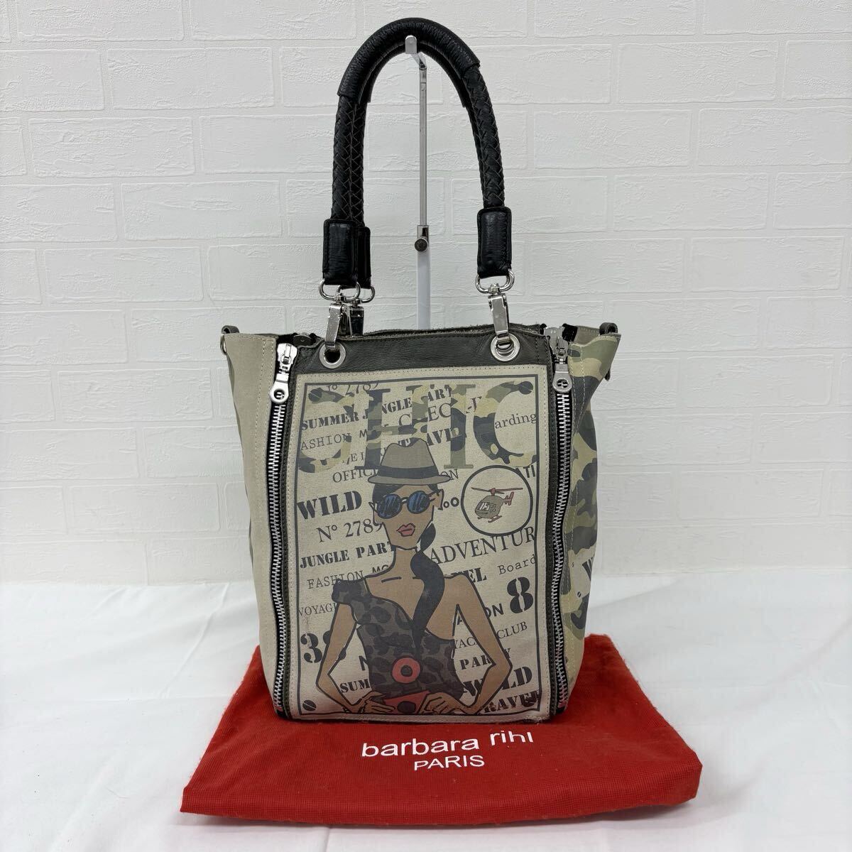 1826△ 保護袋付き barbara rihl バーバラリール トートバッグ レディース マルチカラー グリーン ミリタリー プリント バッグインバッグ拍卖