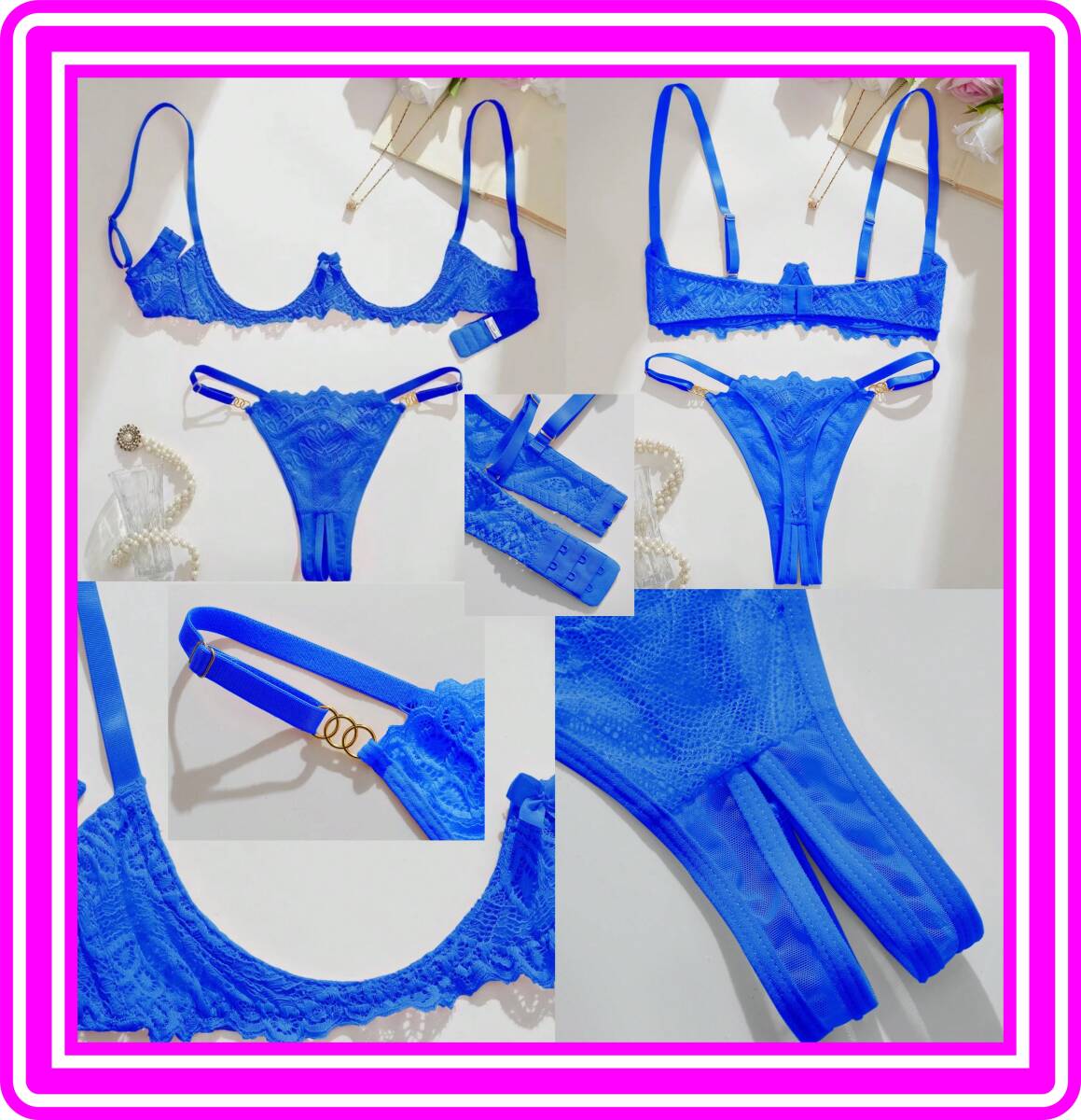 ★超素敵★アンダーワイヤー★オープンデザイン★ランジェリーセット★ブルー★クロッチレス★3連リング★大人可愛いくSexy★BB21拍卖