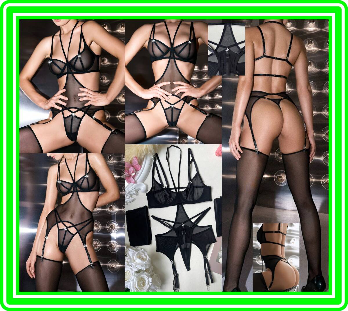 ★超素敵★アンダーワイヤー★シースルー★ガーターランジェリー★ネックから繋がるガータベルトはキュート★ストッキング★Tバック★D8拍卖