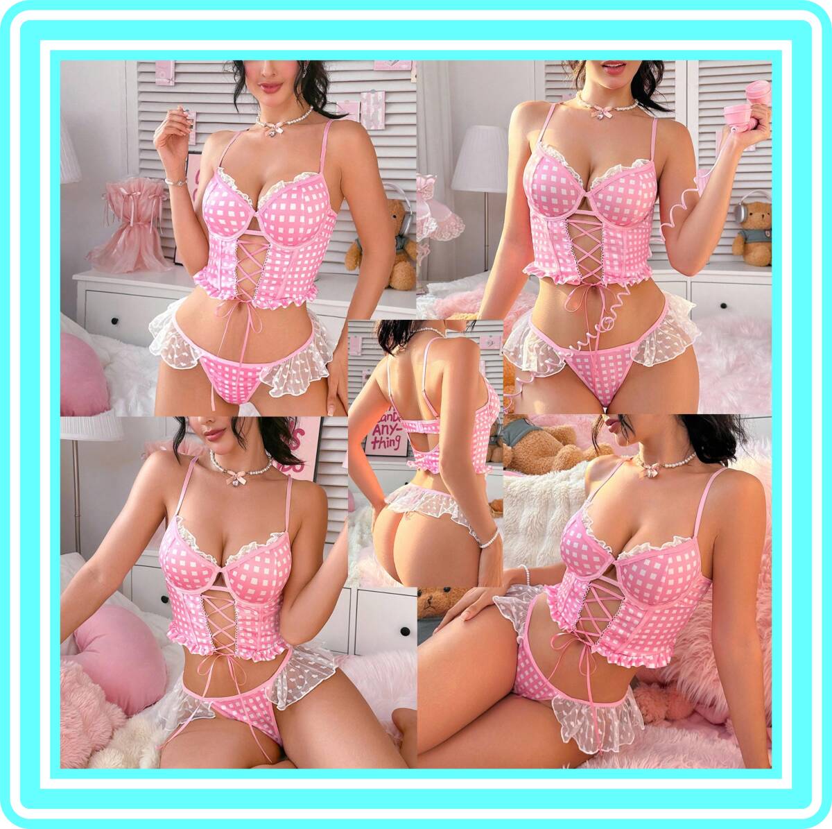 ★超素敵★アンダーワイヤー★ピンク★チェック側★ランジェリーセット★サテン調★フロント編み込み★短着丈★Tバック★Gスト★M27拍卖