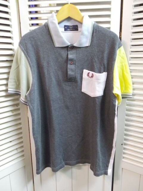 ★FRED PERRY◎フレッドペリー/半袖ポロシャツ/切替/グレー/ホワイト/ブルー/イエロー/イングランド製/38サイズ拍卖