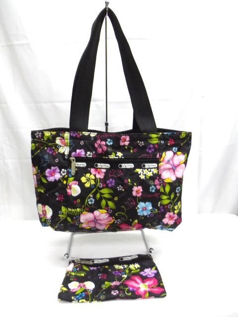 美品★LESPORTSAC◎レスポートサック/リバーシブル/トートバッグ&ポーチ/ブラック/花柄拍卖