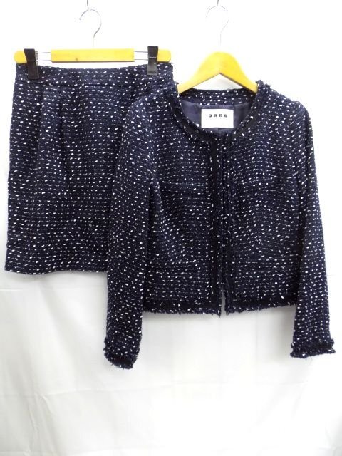 美品★PLST◎プラステ/スーツ/4B ノーカラー ジャケット&スカート/上下セットアップ/ツイード/ネイビー/紺/W68cm/2サイズ拍卖