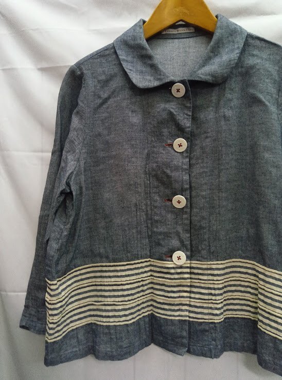 ラヴァーズバースデイ☆Lover's Birthday やわらかコットン 丸襟 ブラウス 40(M-L)ネイビー ボーダー 切替 シャツ 幅広拍卖