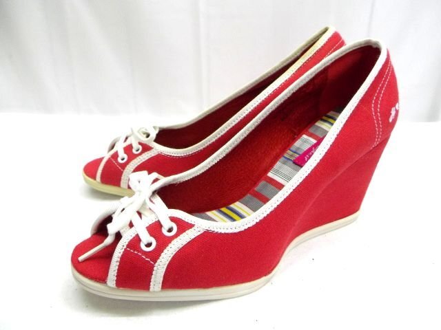 美品★Hawkins Sports◎ホーキンススポーツ/パンプス/オープントゥ/キャンバス地/レッド/赤/L 24.0cm拍卖