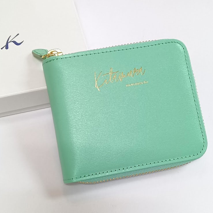 未使用!Kitamura/キタムラ☆レザー・二折財布 グリーン/ライトグリーン NH0853 30311 定価20000円(税込) ロゴ入り ラウンドファスナー拍卖