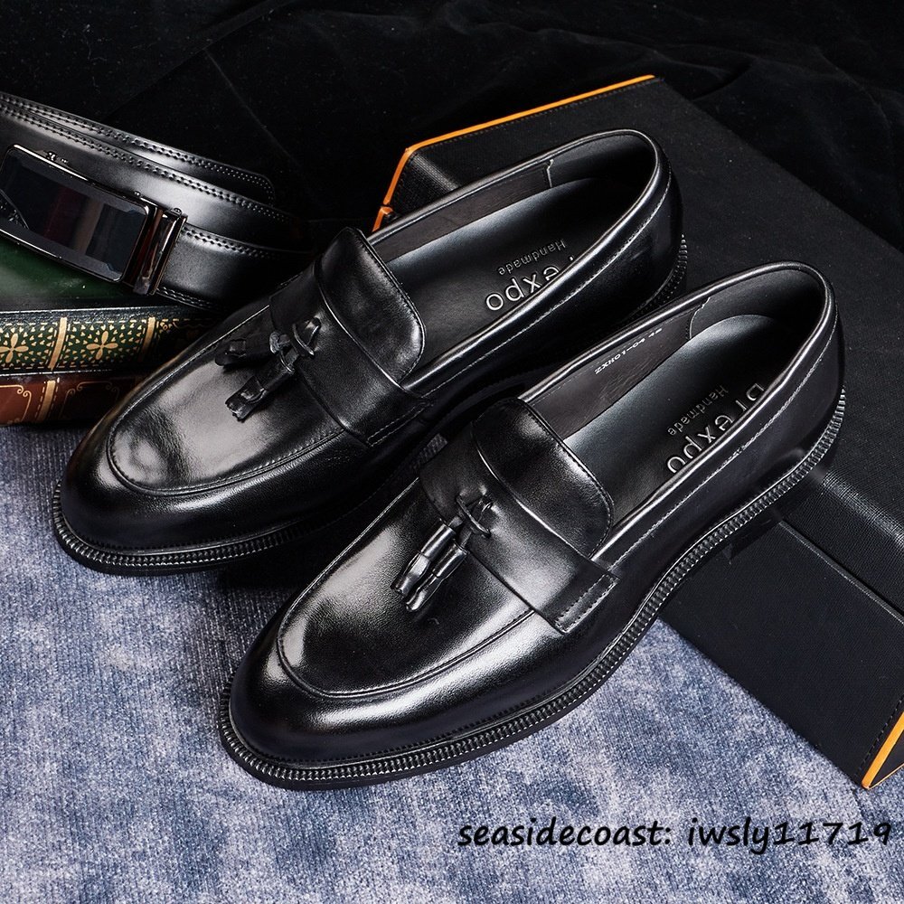 定価10万超■レザーシューズ メンズ タッセルローファー 本革 職人手作り ビジネスシューズ 紳士靴 冠婚葬祭 牛革 革靴 ブラック 25.5cm拍卖