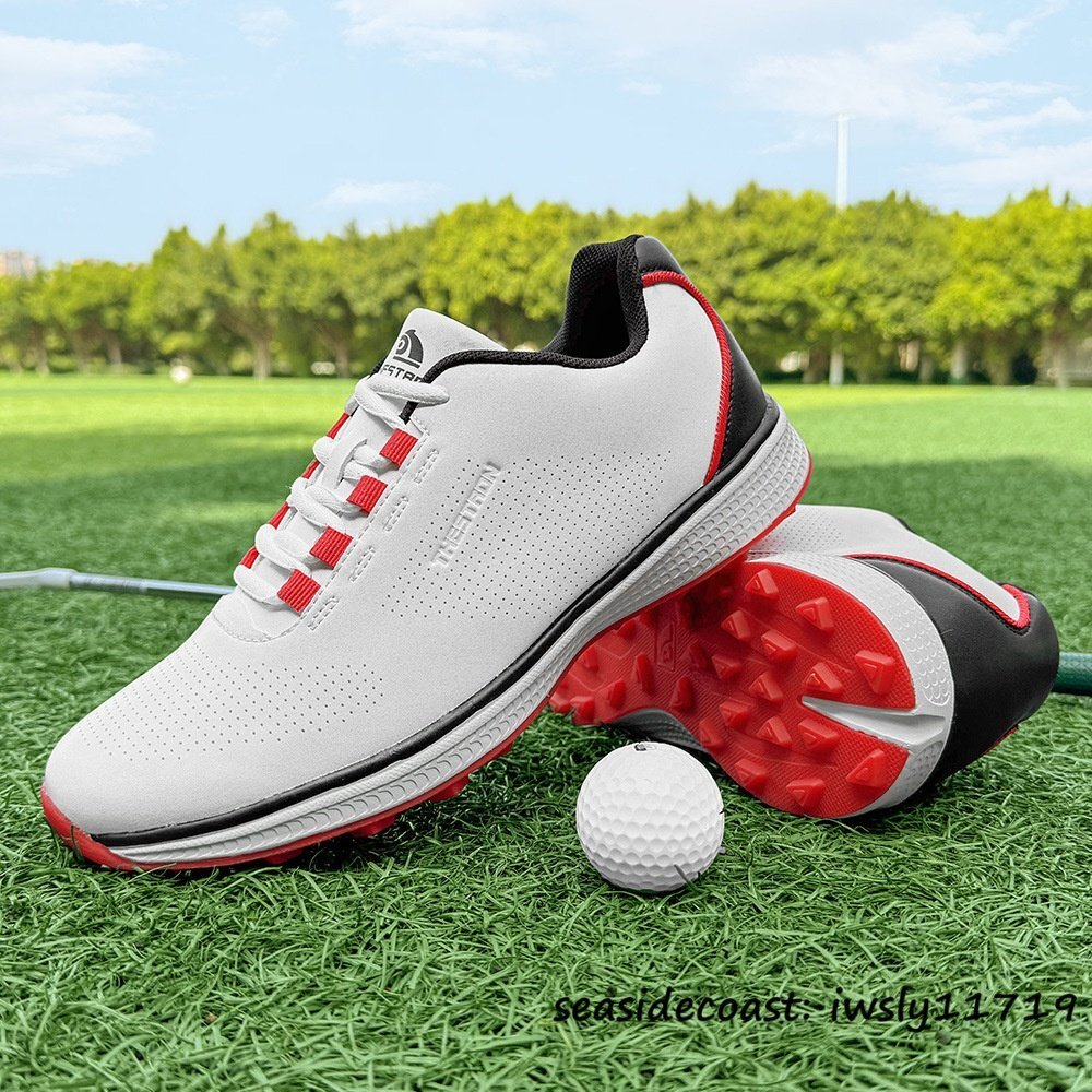 絶賛◆新品 ゴルフシューズ 通気性 スポーツシューズ メンズ 男女兼用 運動靴 耐久性 スニーカー フィット感 防滑 耐磨 白*赤 24.5cm拍卖