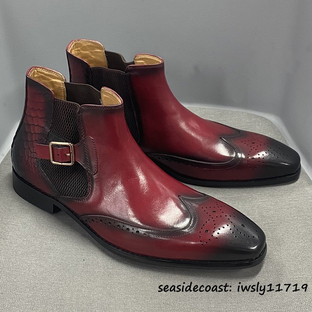 超希少■牛革 マーティンブーツ 鰐柄 エンジニアブーツ ビジネスブーツ メンズ 本革 レザーブーツ 職人手作り 革靴 紳士靴 レッド 28.0cm拍卖