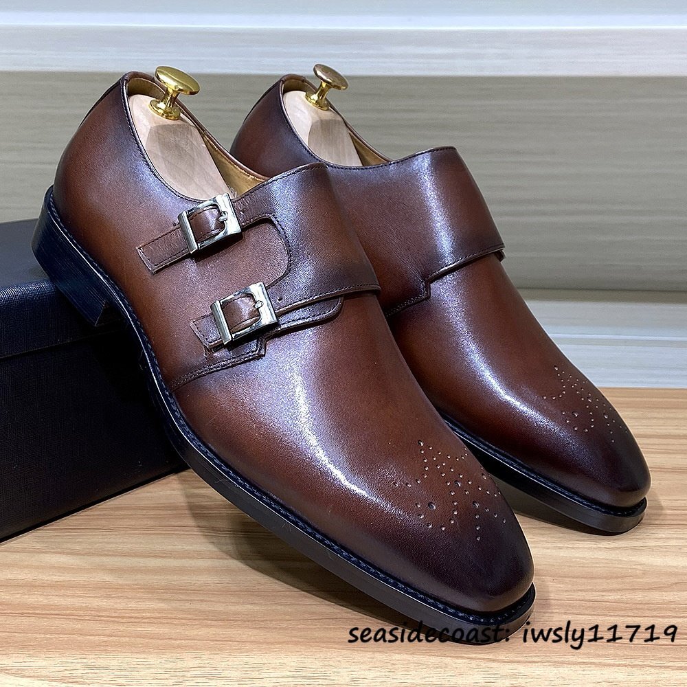 超希少■ビジネスシューズ メンズ ダブルモンクストラップ 本革 レザーシューズ 職人手作り 高級牛革 革靴 紳士靴 結婚式 ブラウン 25.5cm拍卖