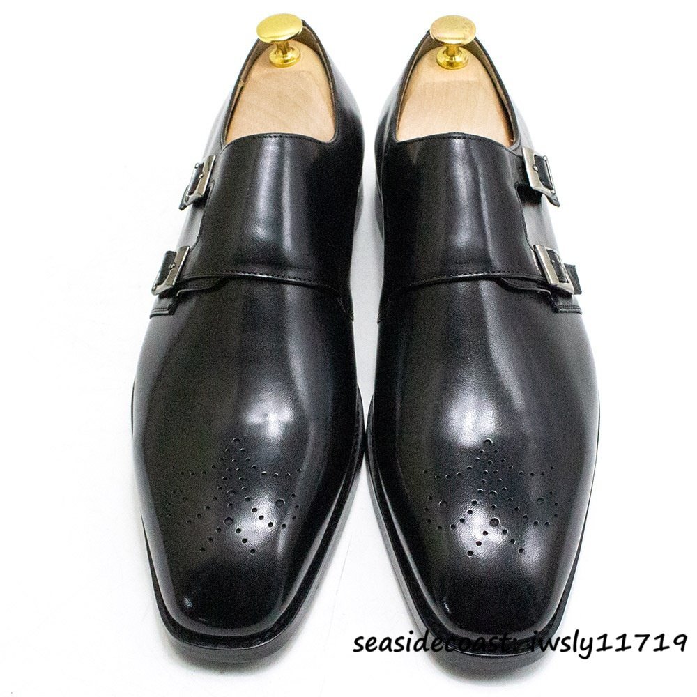 超希少■ビジネスシューズ メンズ ダブルモンクストラップ 本革 レザーシューズ 職人手作り 高級牛革 革靴 紳士靴 結婚式 ブラック 25.0cm拍卖