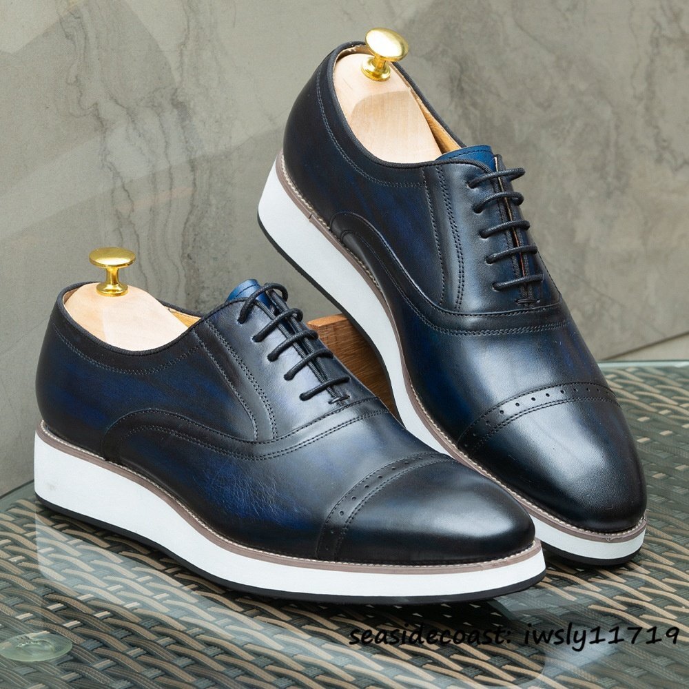 最高級★レザーシューズ 本革 ビジネスシューズ メンズ 職人手作り 彫り 紳士靴 上質牛革 革靴 通勤 冠婚葬祭 フォーマル ブルー 27.0cm拍卖