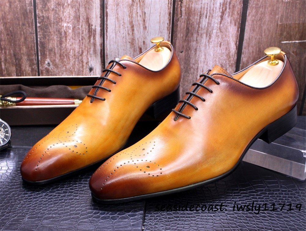 定価11万★超希少 ビジネスシューズ メンズ 職人手塗仕上げ 彫り 本革レザーシューズ 最高級 紳士靴 フォーマル 革靴 牛革 イエロー 26.0cm拍卖