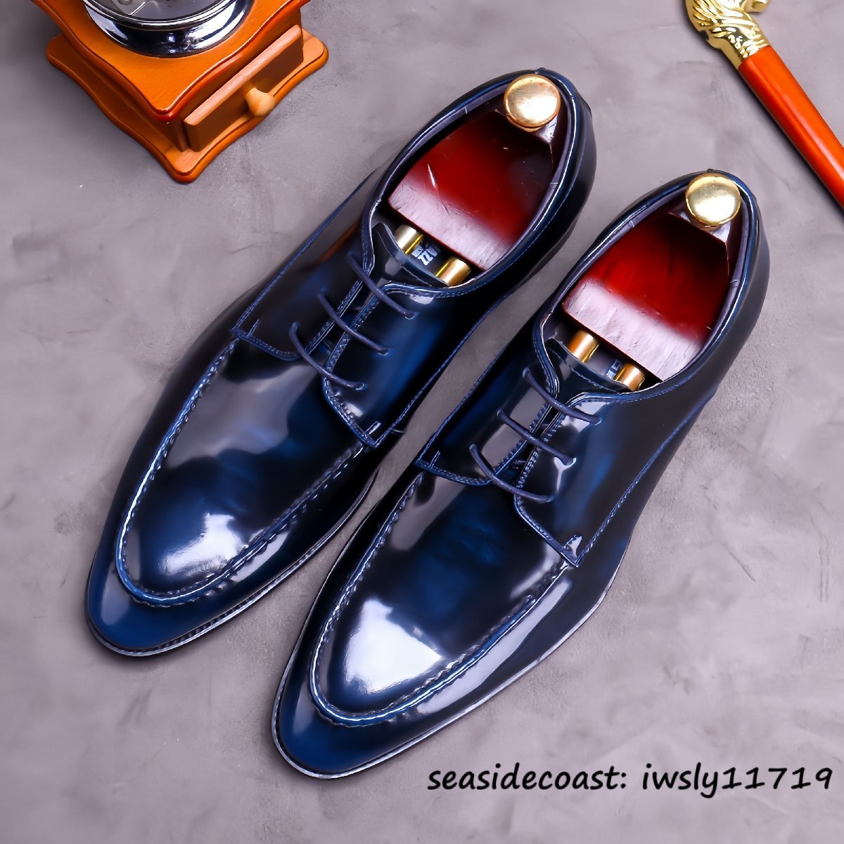最高級★定価9万 ビジネスシューズ メンズ 本革 レザーシューズ 上質牛革 フォーマル 紳士靴 ヴィンテージ職人手作り 革靴 ブルー 24.5cm拍卖