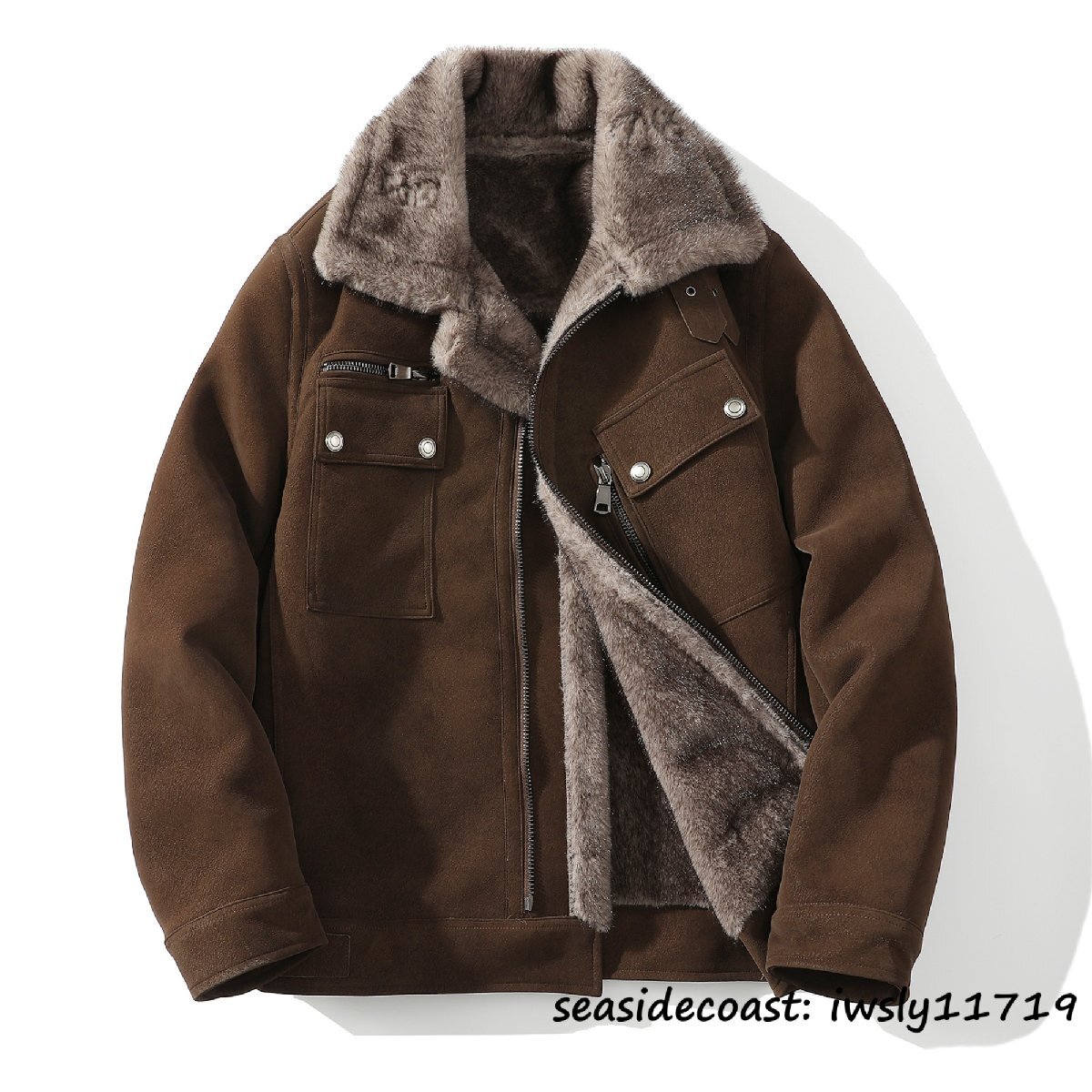 超希少■ブルゾン メンズ ムートンコート シープスキン ファーコート 超防寒 裏起毛 厚手 ボアジャケット ジャンバー 毛皮 ライダース XL拍卖