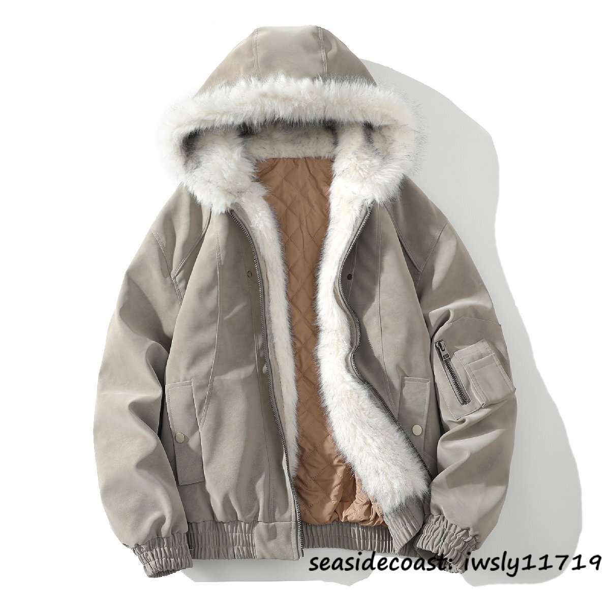 超美品★ブルゾン メンズ 保温 防寒防風 厚手 ファーコート フード付き 秋冬 ムートンコート パーカー アウター ジャケット グレー M拍卖