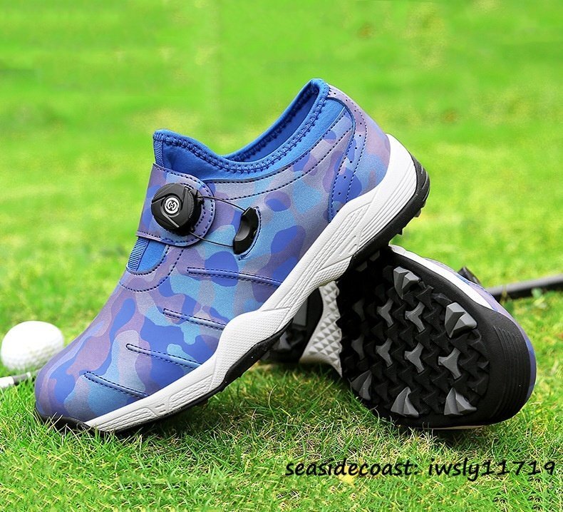 新作 迷彩柄 運動靴 ゴルフシューズ メンズ スパイクレス ダイヤル式 男女兼用 スポーツシューズ 4E 幅広 軽量撥水 通気性 ブルー 27.0cm拍卖