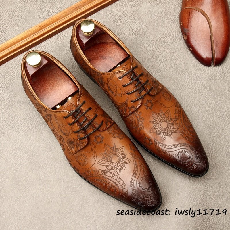 定価11万超★最高級 ビジネスシューズ 本革 レザーシューズ 超希少 職人手作り 総柄 牛革 紳士靴 メンズ フォーマル 革靴 ブラウン 25.5cm拍卖