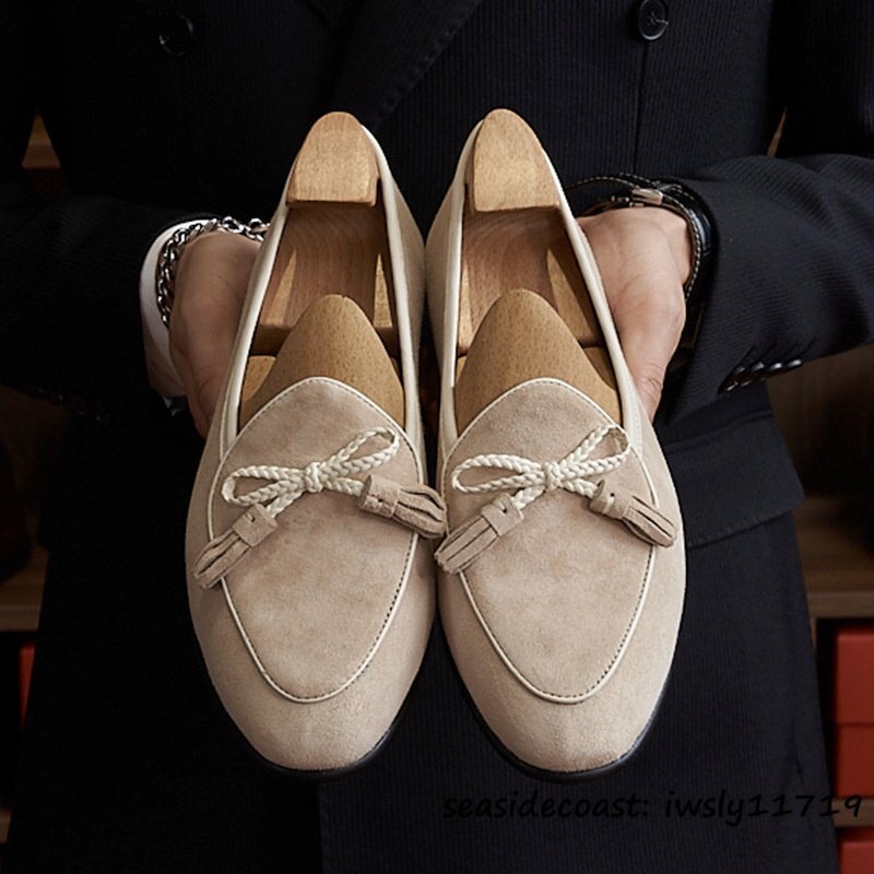 定価10万■最高級 ビジネスシューズ スエード革 職人手作り 本革 レザーシューズ タッセル ローファー 紳士靴 革靴 牛革 カーキ 25.0cm拍卖