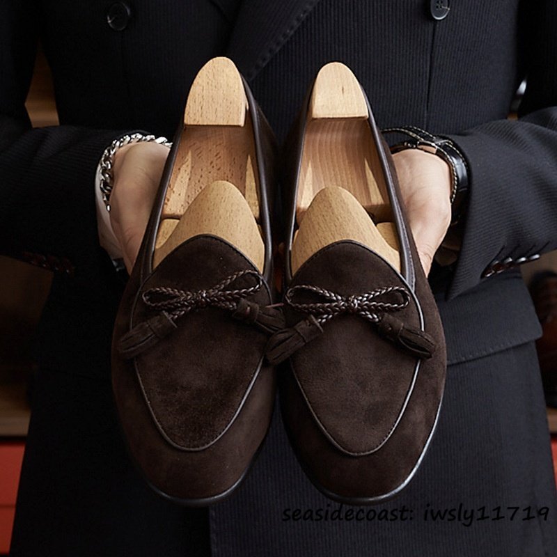 定価10万■最高級 ビジネスシューズ スエード革 職人手作り 本革 レザーシューズ タッセル ローファー 紳士靴 革靴 牛革 珈琲色 24.5cm拍卖