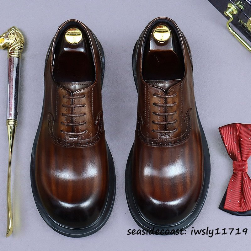 最上級◆定価10万 本革 ビジネスシューズ メンズ 本牛革 レザーシューズ 職人手作り 彫り 紳士靴 厚底 イギリス風 冠婚葬祭 珈琲色 27.5cm拍卖