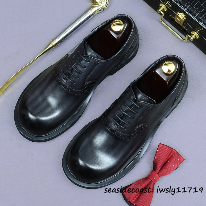 最上級◆定価10万 本革 ビジネスシューズ メンズ 本牛革 レザーシューズ 職人手作り 彫り 紳士靴 厚底 イギリス風 冠婚葬祭 グレー 24.5cm拍卖