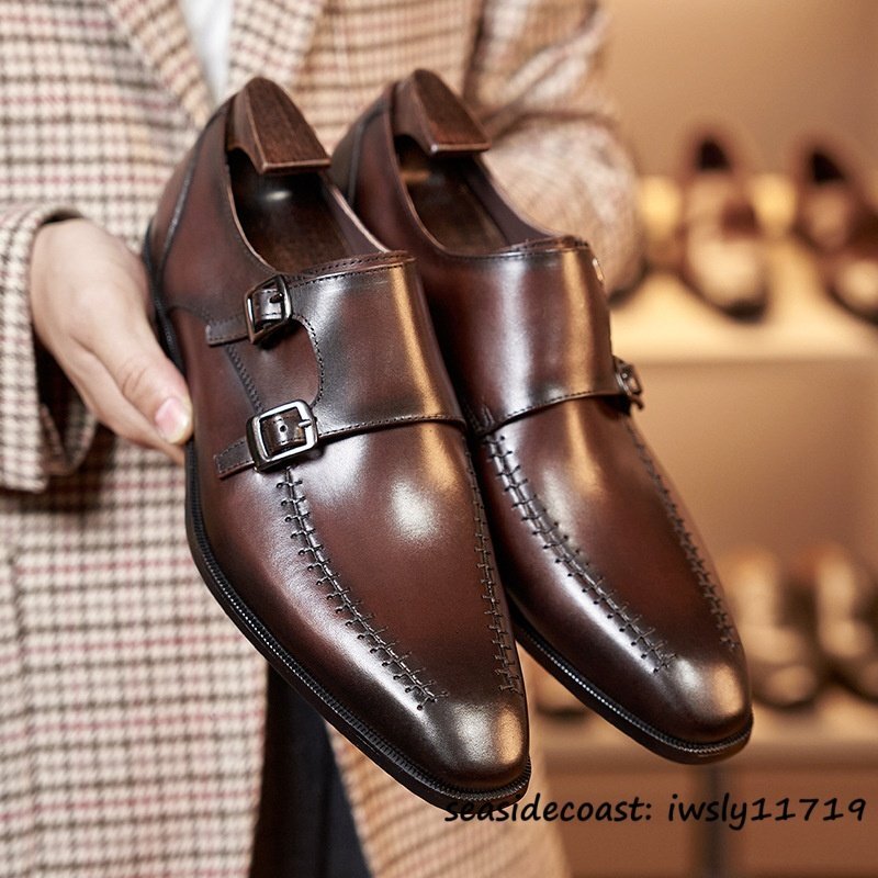 超美品◆ダブルモンクストラップ ビジネスシューズ 新品 メンズ 本革 レザーシューズ 高級牛革 超希少 職人手作り 革靴 フォーマル 25.5cm拍卖