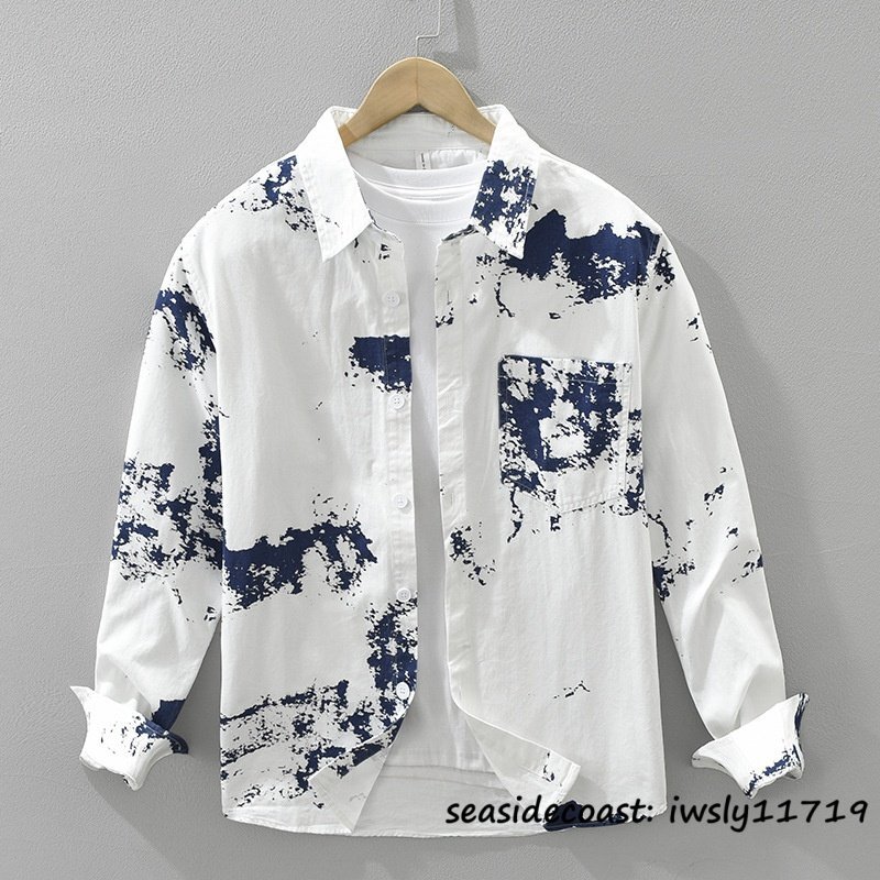 新品★メンズシャツ 春秋 総柄 長袖シャツ トップス カジュアルシャツ ヴィンテージ 個性 ゆったり コットン 柔らか お洒落 ホワイト 2XL拍卖