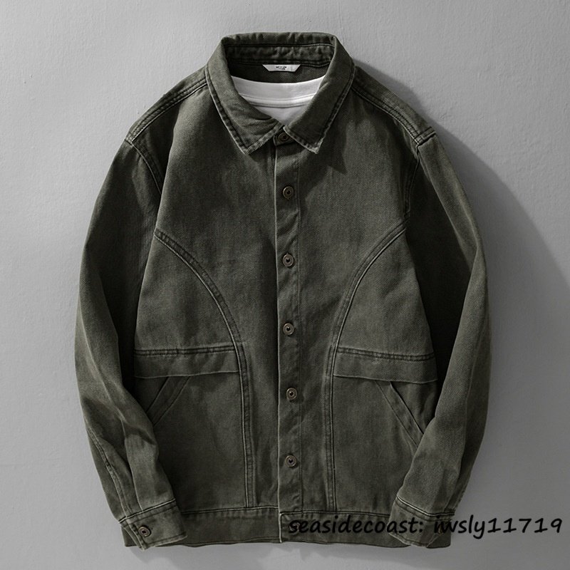 春秋新品*ワークシャツ メンズ 無地 長袖シャツ アメカジ ワークジャケット ミリタリー 古着風 アウター ジャンパー ゆったり オリーブ M拍卖