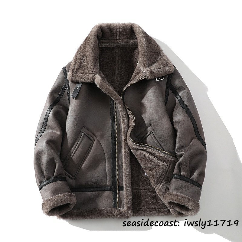 超美品★定価16万 ムートンコート メンズ フライトジャケット 極防寒 厚手 裏起毛 ライダース ブルゾン ジャンバー 毛皮 ファーコート 4XL拍卖