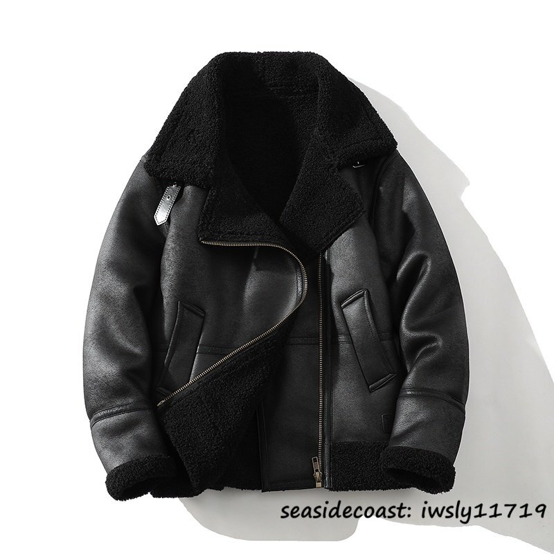 定価12万◆レザージャケット ムートンコート ファーコート 冬新品 毛皮 厚手 防寒 ライダース アウター ジャンバー ブルゾン ブラック 5XL拍卖
