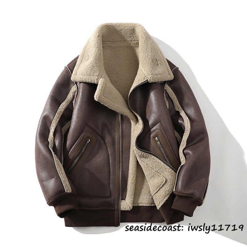 超美品◆最高級 ファーコート メンズ ムートンコート 厚手 超防寒 毛皮 ジャンバー ブルゾン フライトジャケット ふわふわ ブラウン 4XL拍卖