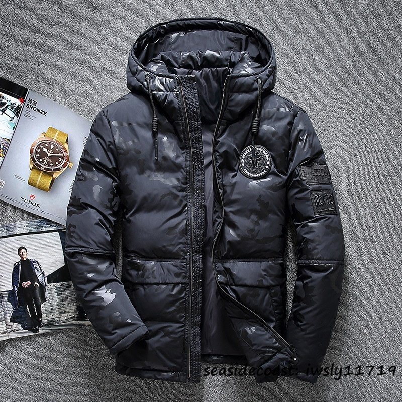 冬新品*メンズ ダウンジャケット 厚手 スキーウェア ダウンコート パーカ ワッペン付き 迷彩柄 ブルゾン アウトドア 防風防寒 ブラック 4XL拍卖