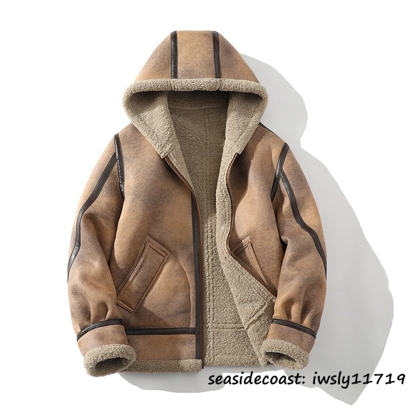 最上級*ライダース フード付き ムートンコート メンズ レザージャケット ブルゾン ジャンバー 防寒 厚手 フライトジャケット ブラウン L拍卖