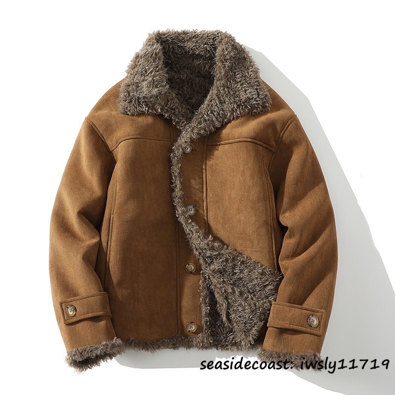 超美品★冬新品 ファーコート メンズ ムートンコート 裏起毛 超防寒 厚手 上質毛皮 ブルゾン ライダース フライトジャケット ブラウン XL拍卖