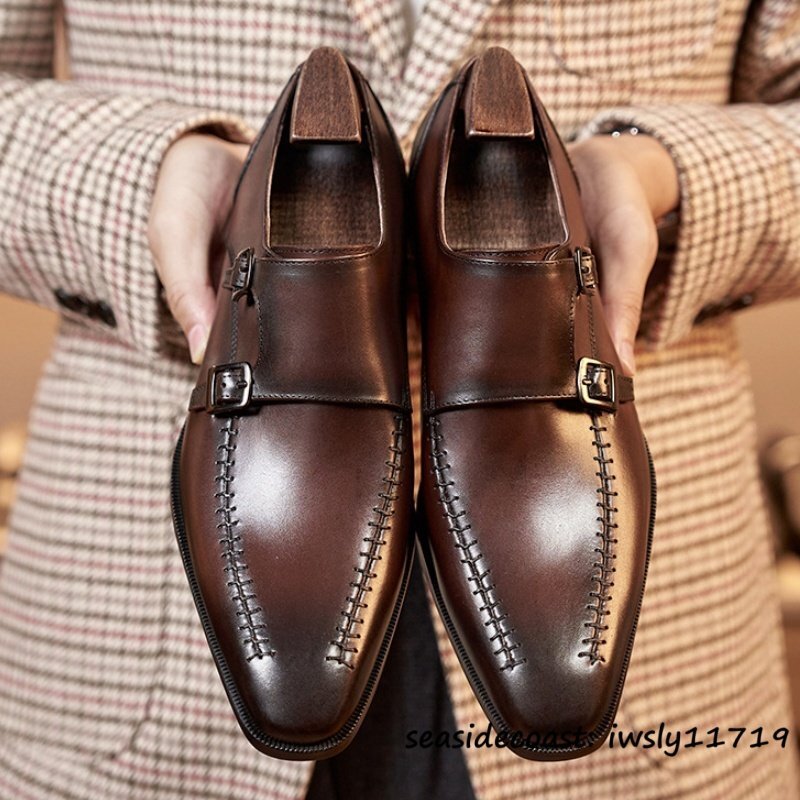 超美品◆ダブルモンクストラップ ビジネスシューズ 新品 メンズ 本革 レザーシューズ 高級牛革 超希少 職人手作り 革靴 フォーマル 25.0cm拍卖