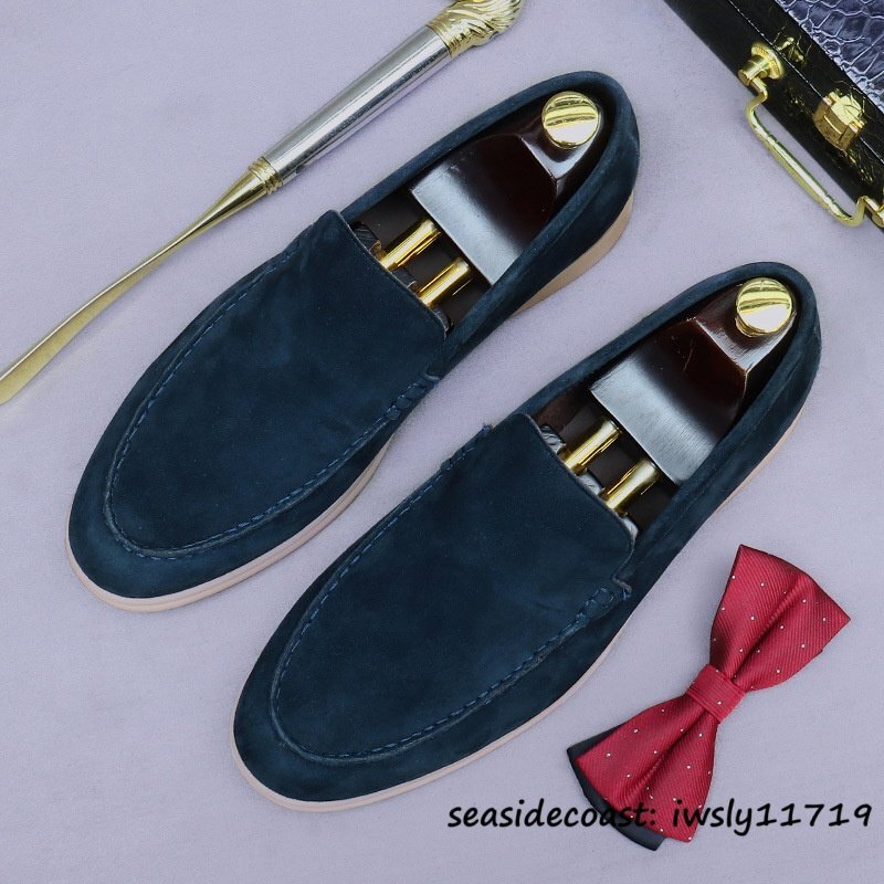 最高級★ビジネスシューズ 本革 メンズ ドライビングシューズ 職人手作り ローファー スリッポン スエード革 紳士靴 革靴 ネイビー 24.5cm拍卖