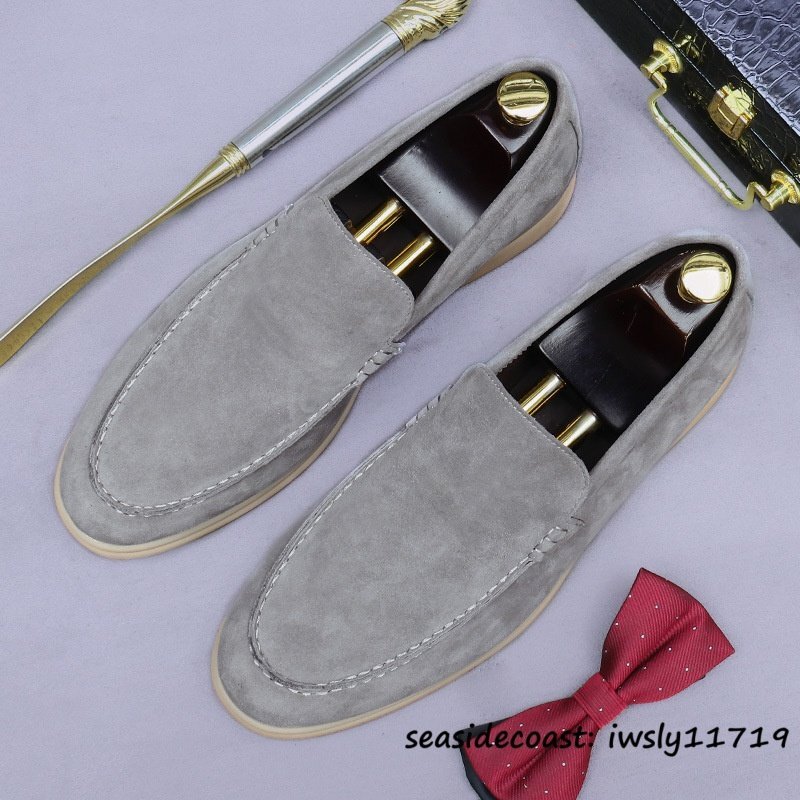 最高級★ビジネスシューズ 本革 メンズ ドライビングシューズ 職人手作り ローファー スリッポン スエード革 紳士靴 革靴 グレー 24.5cm拍卖