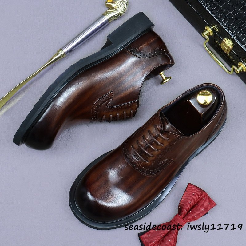 最上級◆定価10万 本革 ビジネスシューズ メンズ 本牛革 レザーシューズ 職人手作り 彫り 紳士靴 厚底 イギリス風 冠婚葬祭 珈琲色 25.5cm拍卖