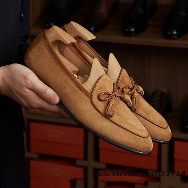 定価10万■最高級 ビジネスシューズ スエード革 職人手作り 本革 レザーシューズ タッセル ローファー 紳士靴 革靴 牛革 ブラウン 25.5cm拍卖