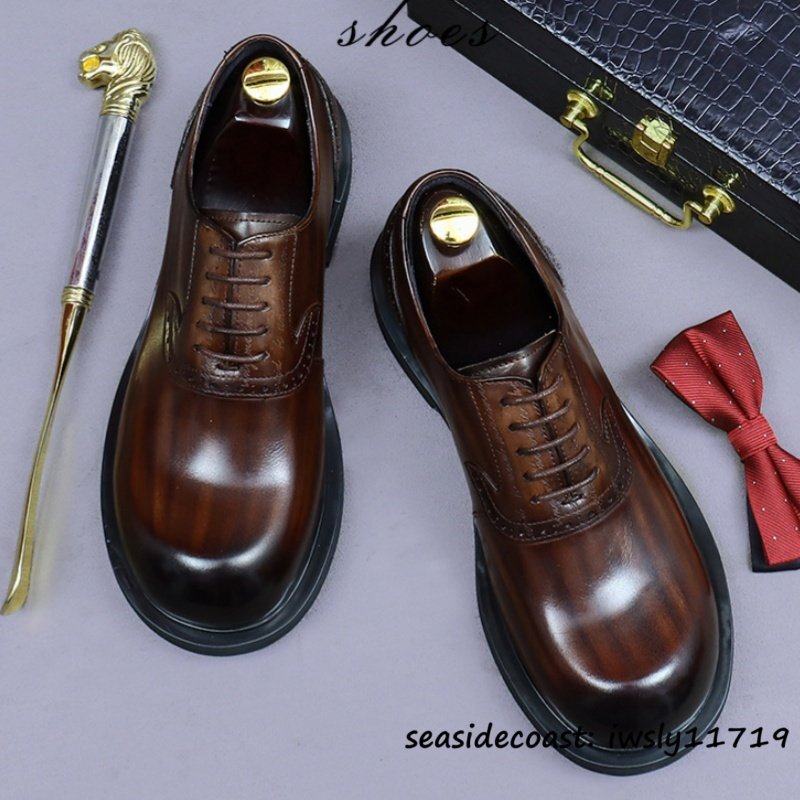 最上級◆定価10万 本革 ビジネスシューズ メンズ 本牛革 レザーシューズ 職人手作り 彫り 紳士靴 厚底 イギリス風 冠婚葬祭 珈琲色 27.0cm拍卖