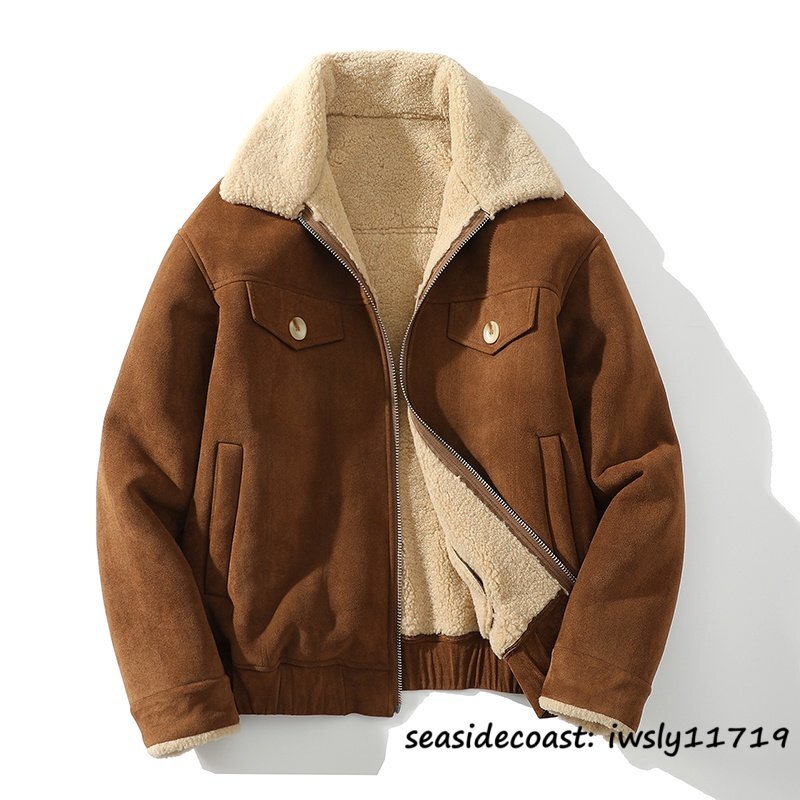 極美品◆ムートンコート メンズ ブルゾン ジャンバー 超防寒 厚手 暖かい 毛皮 ファーコート ジャケット アウター ライダース ブラウン XL拍卖