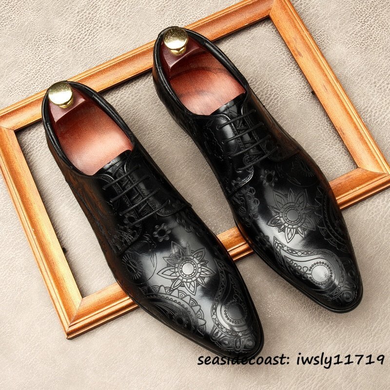定価11万超★最高級 ビジネスシューズ 本革 レザーシューズ 超希少 職人手作り 総柄 牛革 紳士靴 メンズ フォーマル 革靴 ブラック 25.0cm拍卖