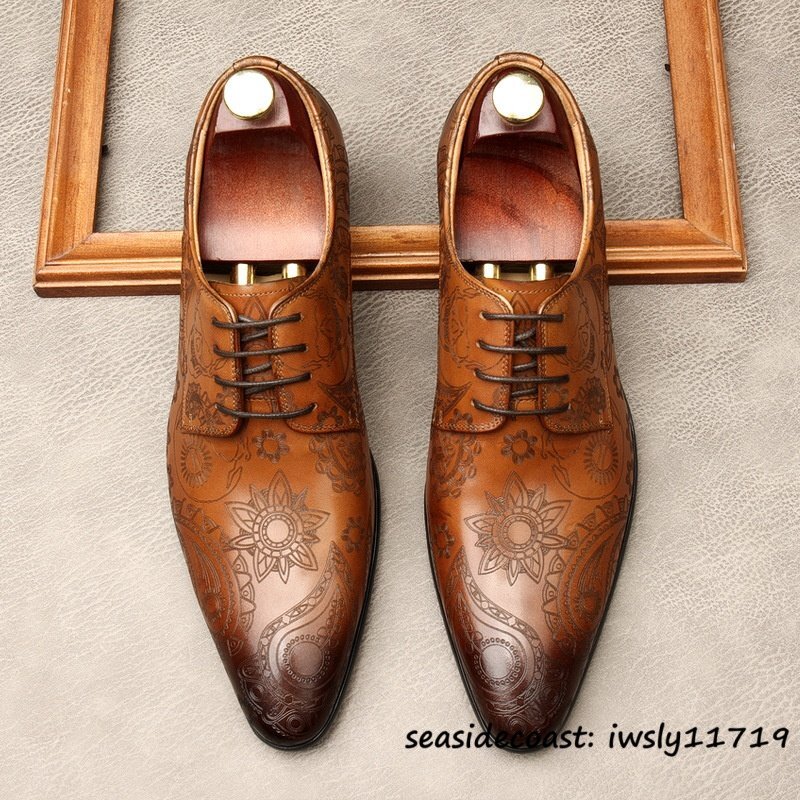 定価11万超★最高級 ビジネスシューズ 本革 レザーシューズ 超希少 職人手作り 総柄 牛革 紳士靴 メンズ フォーマル 革靴 ブラウン 25.0cm拍卖