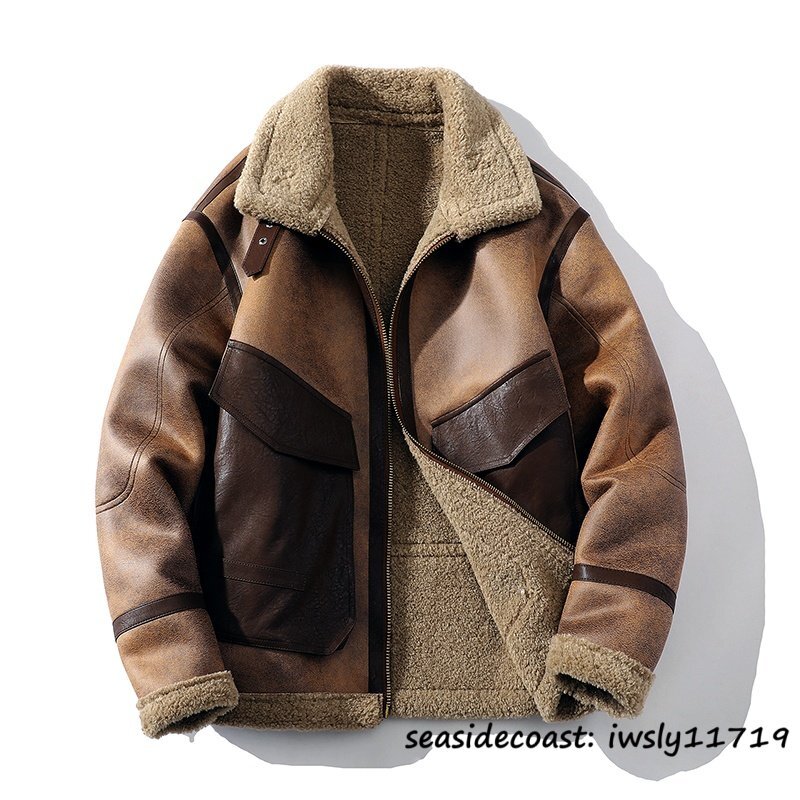 超希少★ライダース メンズ フライトジャケット 厚手 超防寒 上品 ムートンコート ジャンバー ブルゾン 冬新品 バイクウエア アウター 4XL拍卖