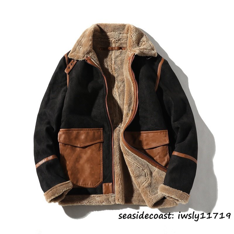 定価15万超◆入手困難 最高級 ムートンコート ブルゾン メンズ 超防寒 厚手 ファーコート ライトジャケット 配色 切替 新品 ライダース 4XL拍卖