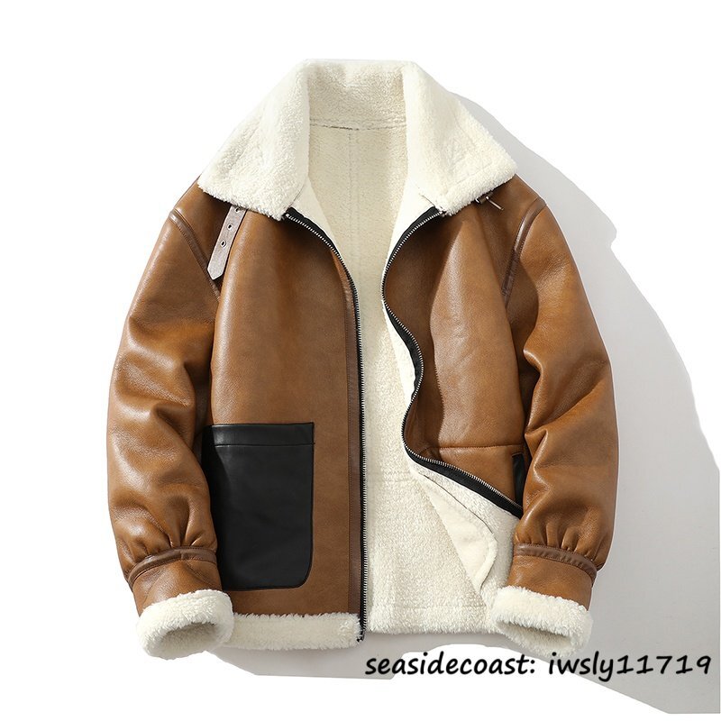 最上級*定価13万 ムートンコート 冬新品 厚手 超防寒 ライダース フライトジャケット アウター ファーコート バイクウエア ブラウン 2XL拍卖