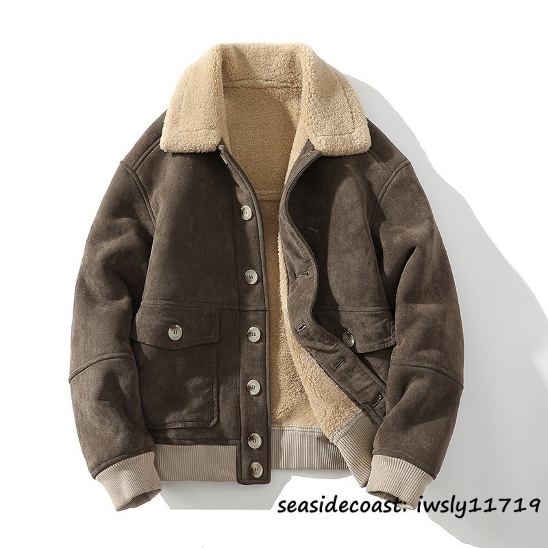 極美品●定価12万 新品 ムートンコート メンズ 裏ボア 暖かい 厚手 超防寒 秋冬 フライトジャケット ライダース ジャンバー グレー 2XL拍卖