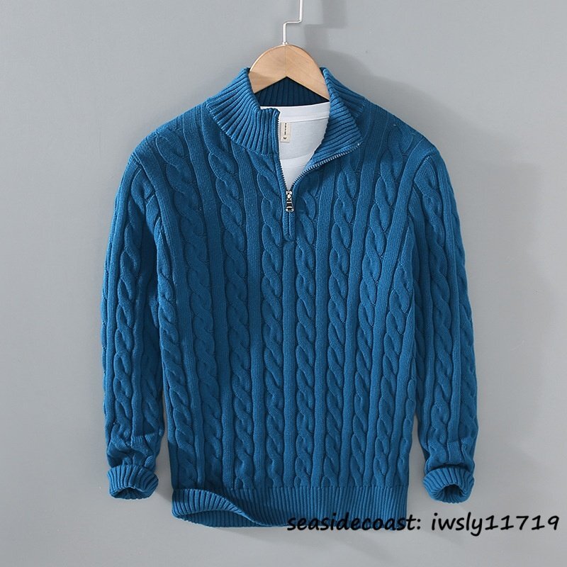 新品◆ニット セーター メンズ 厚手 無地 防寒 立ち襟 ブルゾン 麻編み プルオーバー ハーフジップ コットン 秋冬 上質 ダークブルー XL拍卖