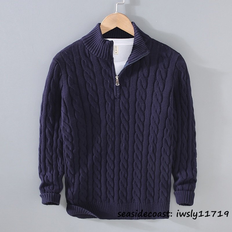 新品◆ニット セーター メンズ 厚手 無地 防寒 立ち襟 ブルゾン 麻編み プルオーバー ハーフジップ コットン 秋冬 上質 ネイビー 3XL拍卖